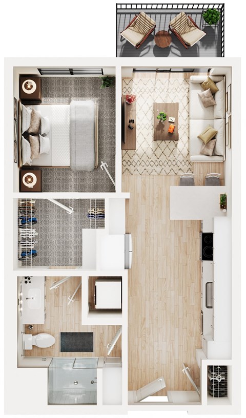 Floor plan for 1 bed, 1 bath, 558 sqft